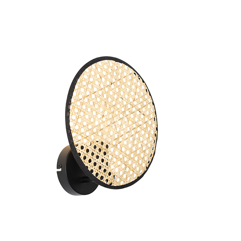 QAZQA Wiejska lampa ścienna czarna z rattanem 25 cm - Kata