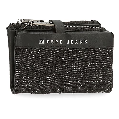 Pepe Jeans Daila Portfel z uchwytem na karty, czarny, 14,5 x 9 x 2 cm, bawełna, poliester i PU, czarny/biały, portfel z uchwytem na karty, czarny/biały, Portfel z uchwytem na karty