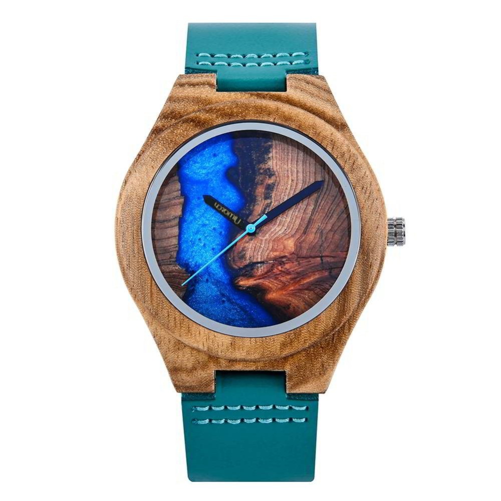 Zegarek drewniany Niwatch EPOXY na turkusowym pasku - tarcza 45 mm