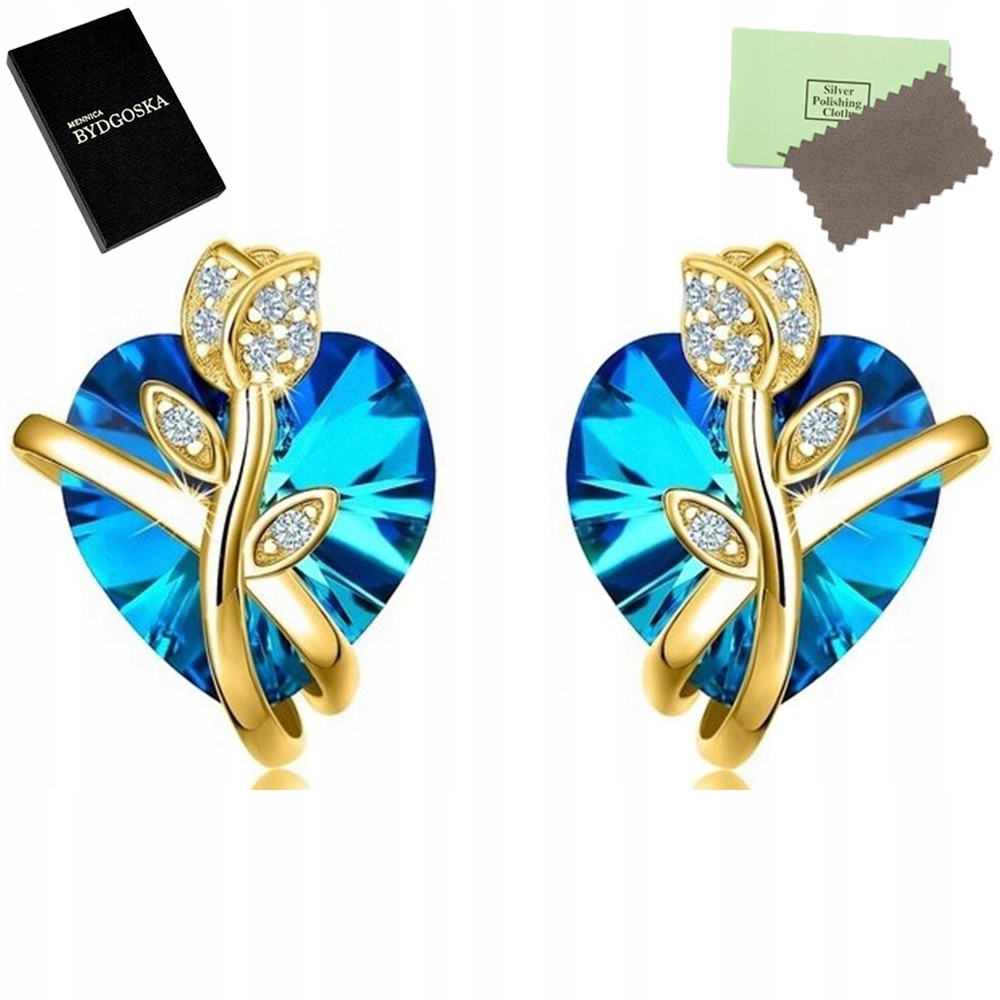 Złote Kolczyki Wkrętki Swarovski Serca Srebro 925