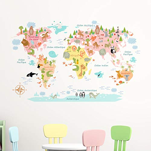 Naklejki samoprzylepne dla dzieci | Naklejka na mapę świata - Dekoracja ścienna do pokoju dziecięcego | 60 x 95 cm