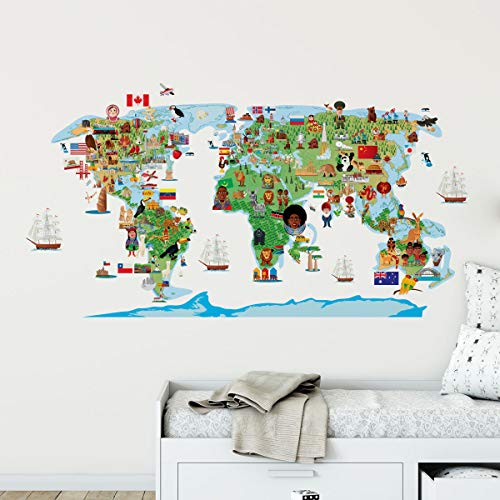 Naklejki samoprzylepne dla dzieci | Naklejka na mapę świata - Dekoracja ścienna do pokoju dziecięcego | 65 x 120 cm
