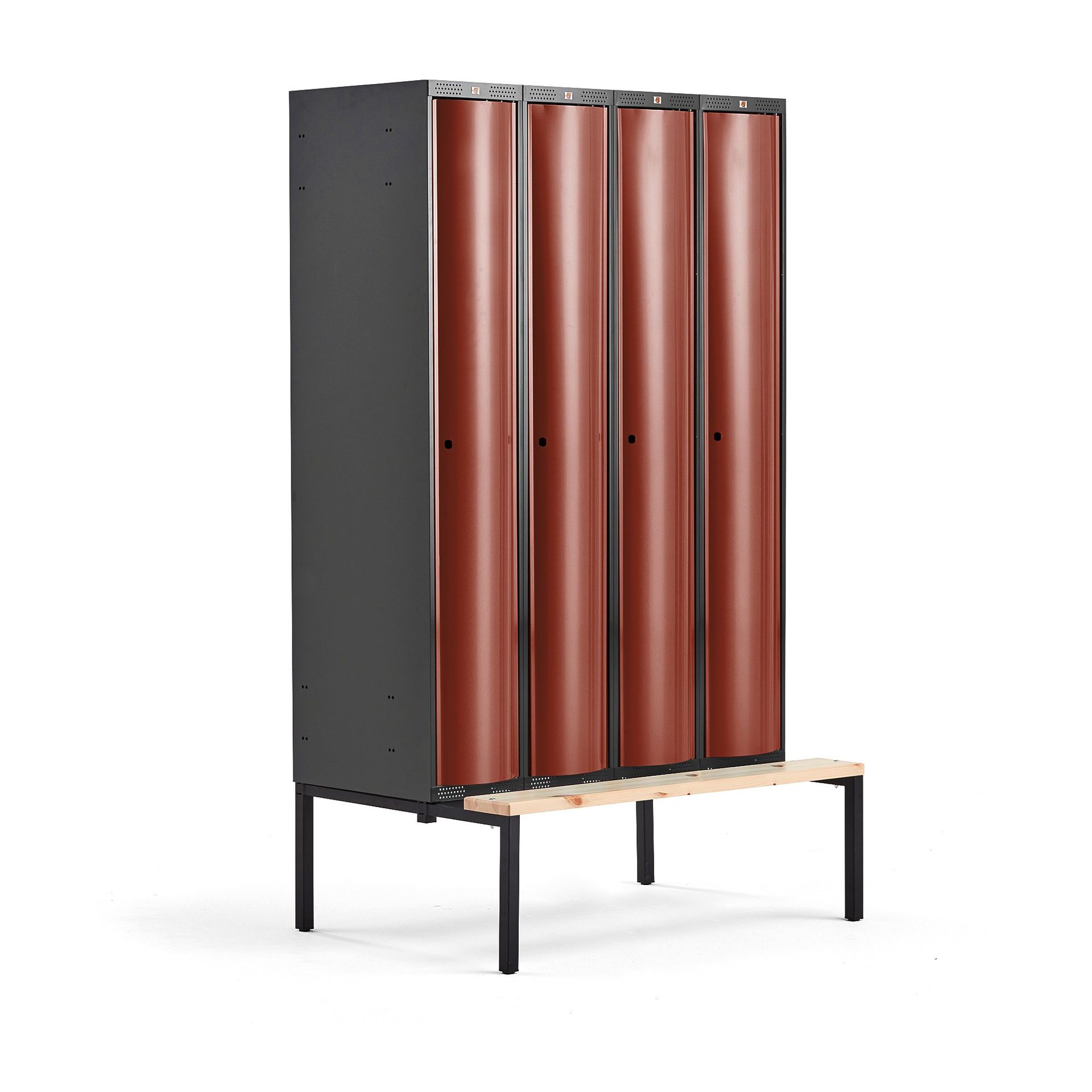 Metalowa szafa ubraniowa CURVE, z ławeczką, 4x1 drzwi, 2120x1200x550 mm, czerwony