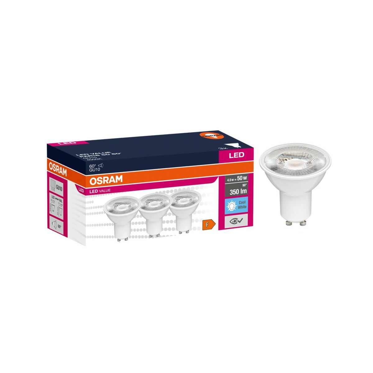 Żarówka LED 3 szt. GU10 4,5 W = 50 W 350 lm Neutralna biel Osram