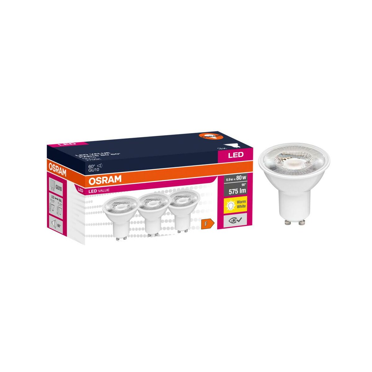 Żarówka LED 3 szt. GU10 6,9 W = 80 W 575 lm Ciepła biel Osram