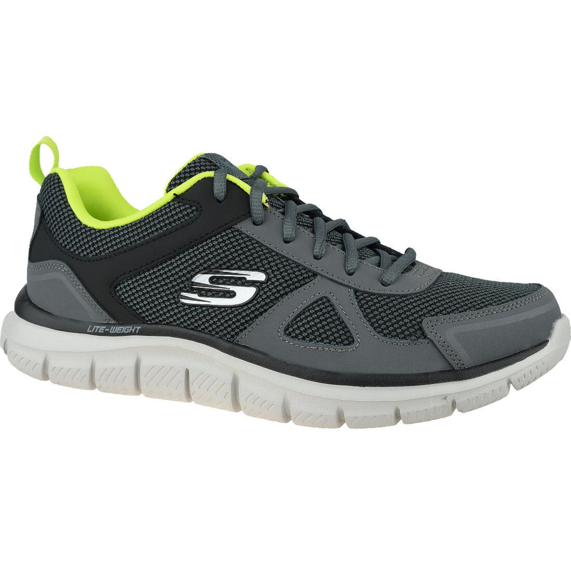 Skechers Męskie trampki Track Bucolo, Charcoal Black Leather Mesh Lime Trim, 45 EU