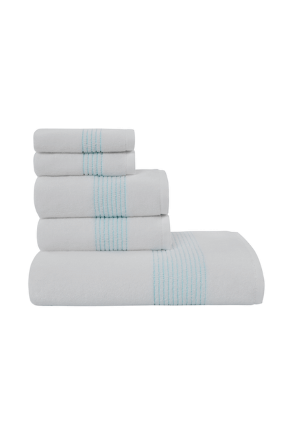 Podarunkowy zestaw ręczników AQUA, 5 szt Biały / turkusowy haft Zestaw (2szt. ręcznik 33x33cm, 2szt. ręcznik 45x90cm, ręcznik 75x150cm)