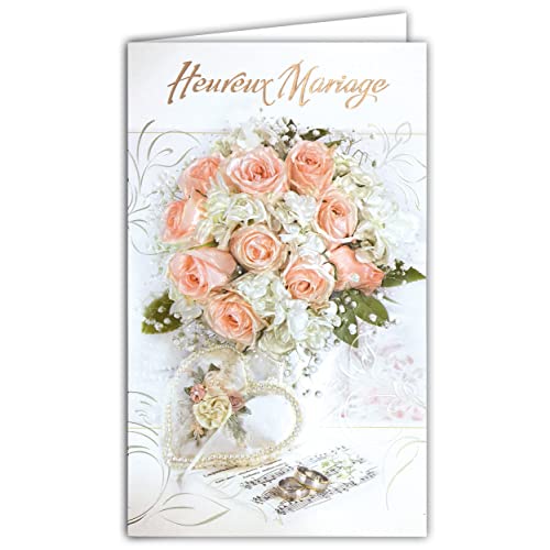 Karta ARGUS 13-6142 ARGUS z białą kopertą, szczęśliwe wesele, które świeci z RELIEF bukiet róż dla panny młodej 2 obrączki serce naszyjnik perłowy papier tłoczony gratulacje tradycyjny styl