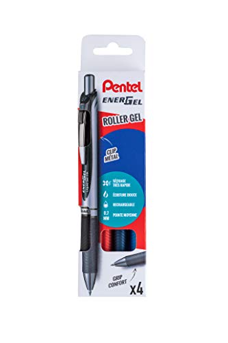 Pentel Energel BL77, długopis żelowy, wysuwany, średnia końcówka, 0,7 mm, czarny, niebieski i czerwony, 4 sztuki