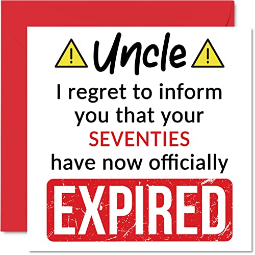 Śmieszne kartki na 80. urodziny dla wujka – 'Your Seventies Have Expired' – kartka urodzinowa dla wujka od siostrzeńca siostrzenicy, 145 mm x 145 mm żart humor urodziny kartki z życzeniami prezent