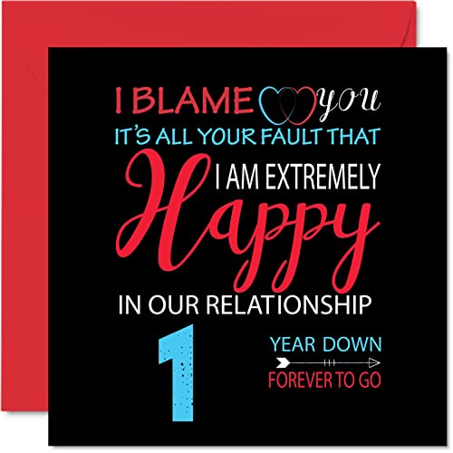 Śmieszna papierowa kartka rocznicowa dla męża żony - 'Your Fault I'm Niezwykle Happy 1. rocznica ślubu dla partnera, 145 mm x 145 mm kartki z życzeniami na pierwsze rocznice
