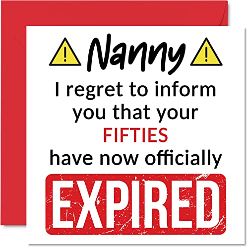 Śmieszne kartki na 60. urodziny dla niani - Twoje lata pięćdziesiąte wygasły - kartka urodzinowa dla niani od wnuczki, 145 mm x 145 mm żart humor urodziny kartki z życzeniami prezent