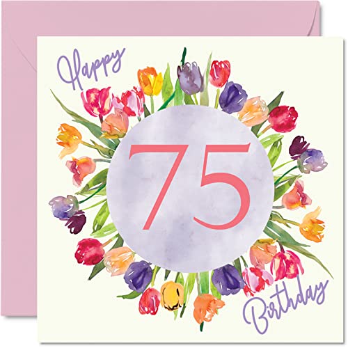 Piękne kartki na 75. urodziny dla kobiet - bukiet kwiatów tulipanów - kartka urodzinowa dla niej babci babci babci prezenty urodzinowe, 145 mm x 145 mm piękne kwiatowe kartki okolicznościowe prezent
