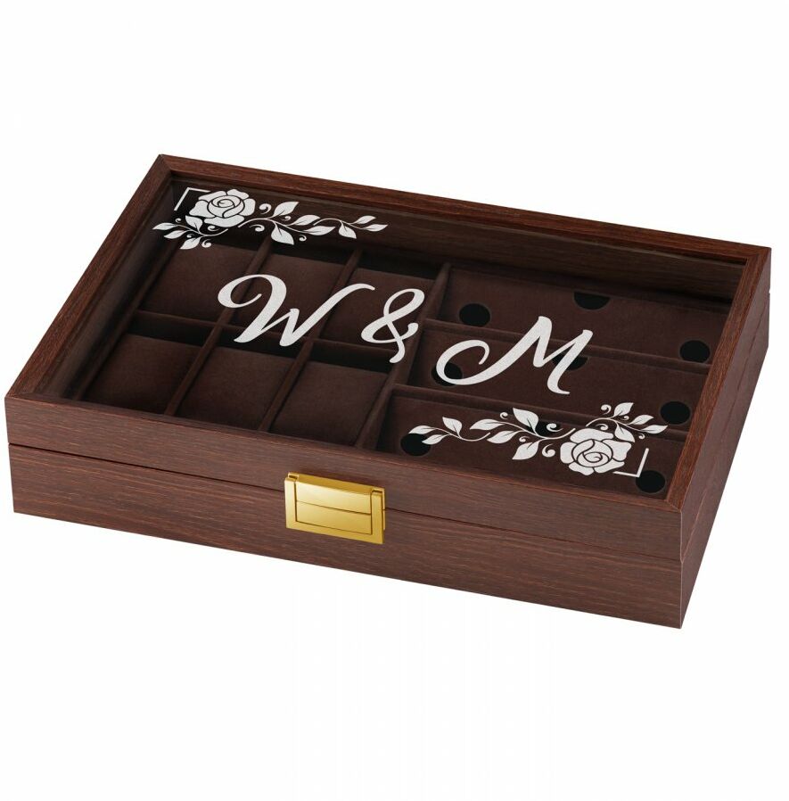 Szkatułka brązowa na zegarki i okulary z grawerem dla pary na ślub ro