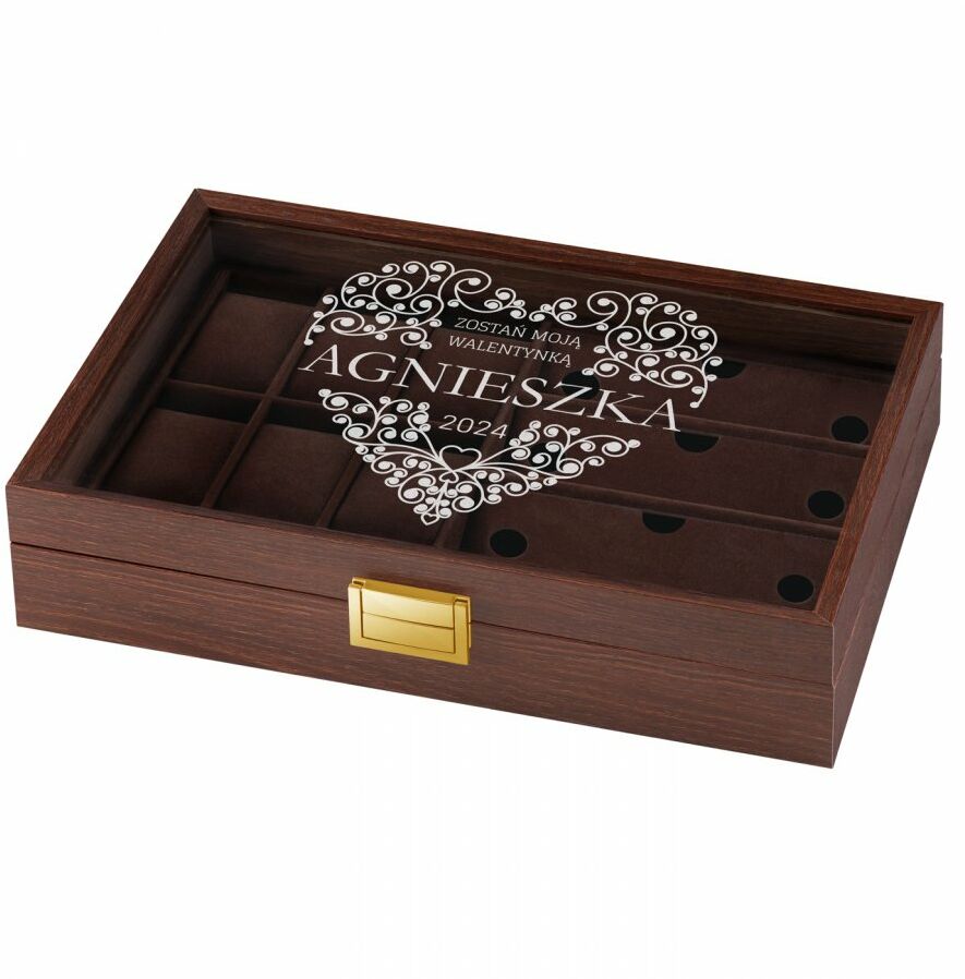 Szkatułka brązowa na zegarki i okulary z grawerem dla niej na w