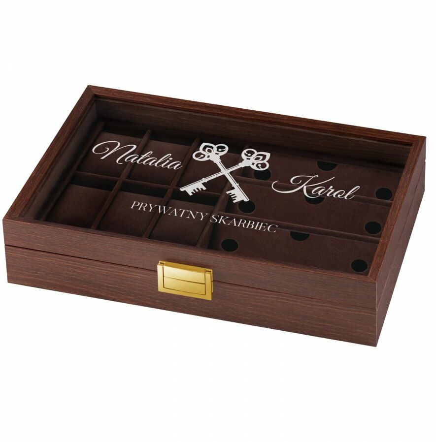 Szkatułka brązowa na zegarki i okulary z grawerem dla pary na ślub ro