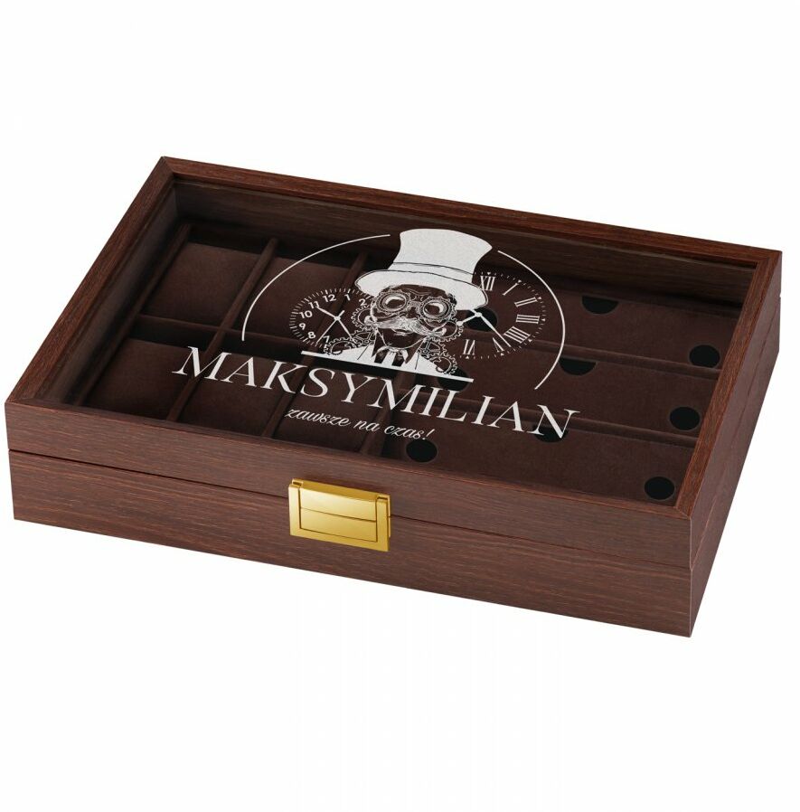 Szkatułka brązowa na zegarki i okulary z grawerem dla pedanta na i