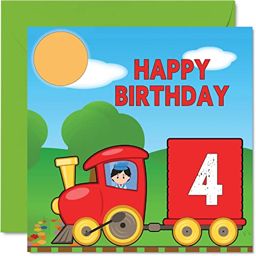 Kartka na 4 urodziny unisex – pociąg – kartka urodzinowa dla 4-letniego syna córki brata siostry wnuczka siostrzenicy siostrzeńca kuzyna, 145 mm x 145 mm kartka urodzinowa