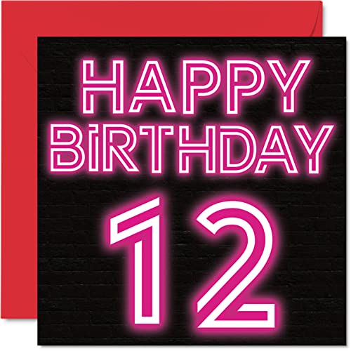Zabawne kartki na 12. urodziny dla chłopców dziewcząt - neonowy blask - kartka urodzinowa dla syna, córki, brata, siostry, wnuka, siostrzeńca, 145 mm x 145 mm, kartka z życzeniami na 12. urodziny