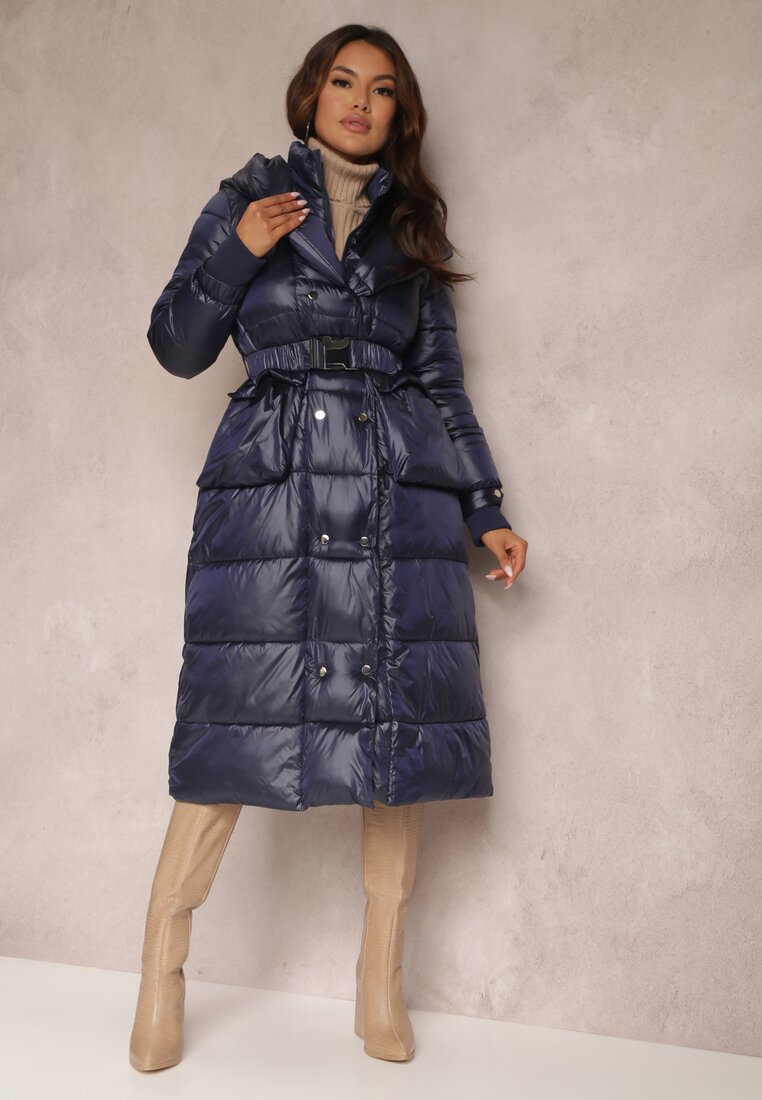 Granatowa Kurtka Pikowana Długa Dudlat