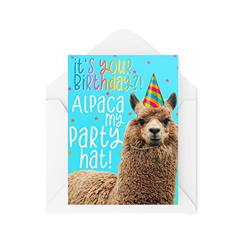Śmieszne kartki okolicznościowe | Alpaka My Party Hat | Urodzinowy brat siostra tata mama najlepszy przyjaciel stara alpaka zabawny żart | CBH1225