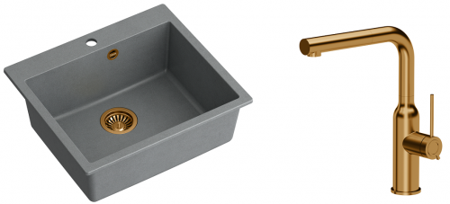 Quadron Zlewozmywak granitowy jednokomorowy 57*50*22 cm MORGAN 110 SILVER STONE z miedzianym odpływem z baterią ANGELINA Q LINE z wyciąganą wylewką kolor miedziany