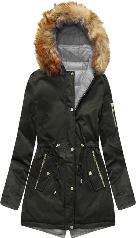 DWUSTRONNA ZIMOWA PARKA DAMSKA Z KAPTUREM ARMY-SZARA (B2636) - S'WEST