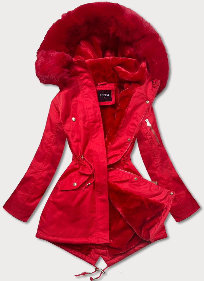 DAMSKA KURTKA PARKA ZIMOWA Z KAPTUREM CZERWONA (B531-4) - S'WEST