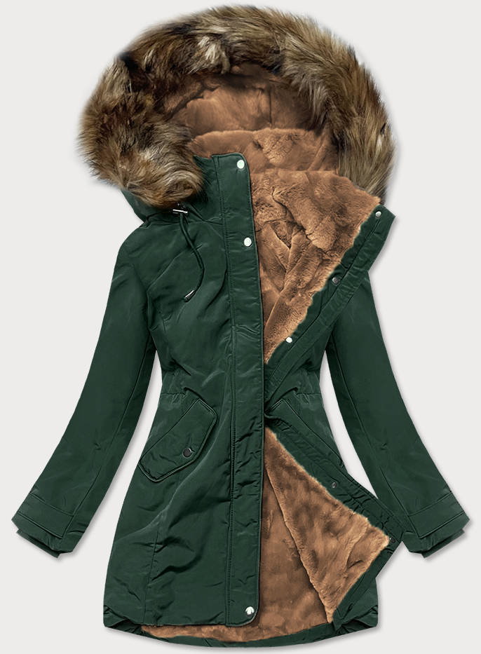 PARKA ZIMOWA DAMSKA NA FUTRZE CIEMNOZIELONA (M-21501) - LHD