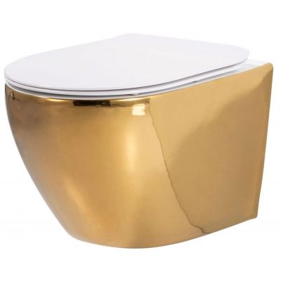Rea Carlo Mini Rimless miska WC wisząca z deską wolnoopadającą biały/złoty -C0669