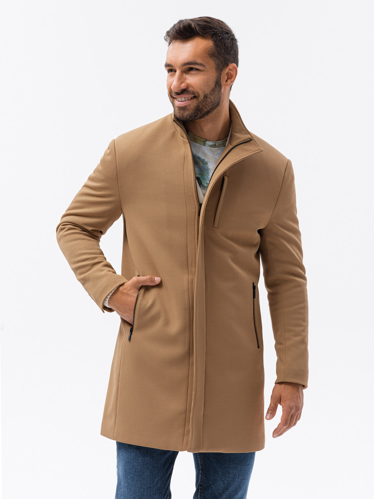Elegancki płaszcz męski na suwak - camel V3 C430