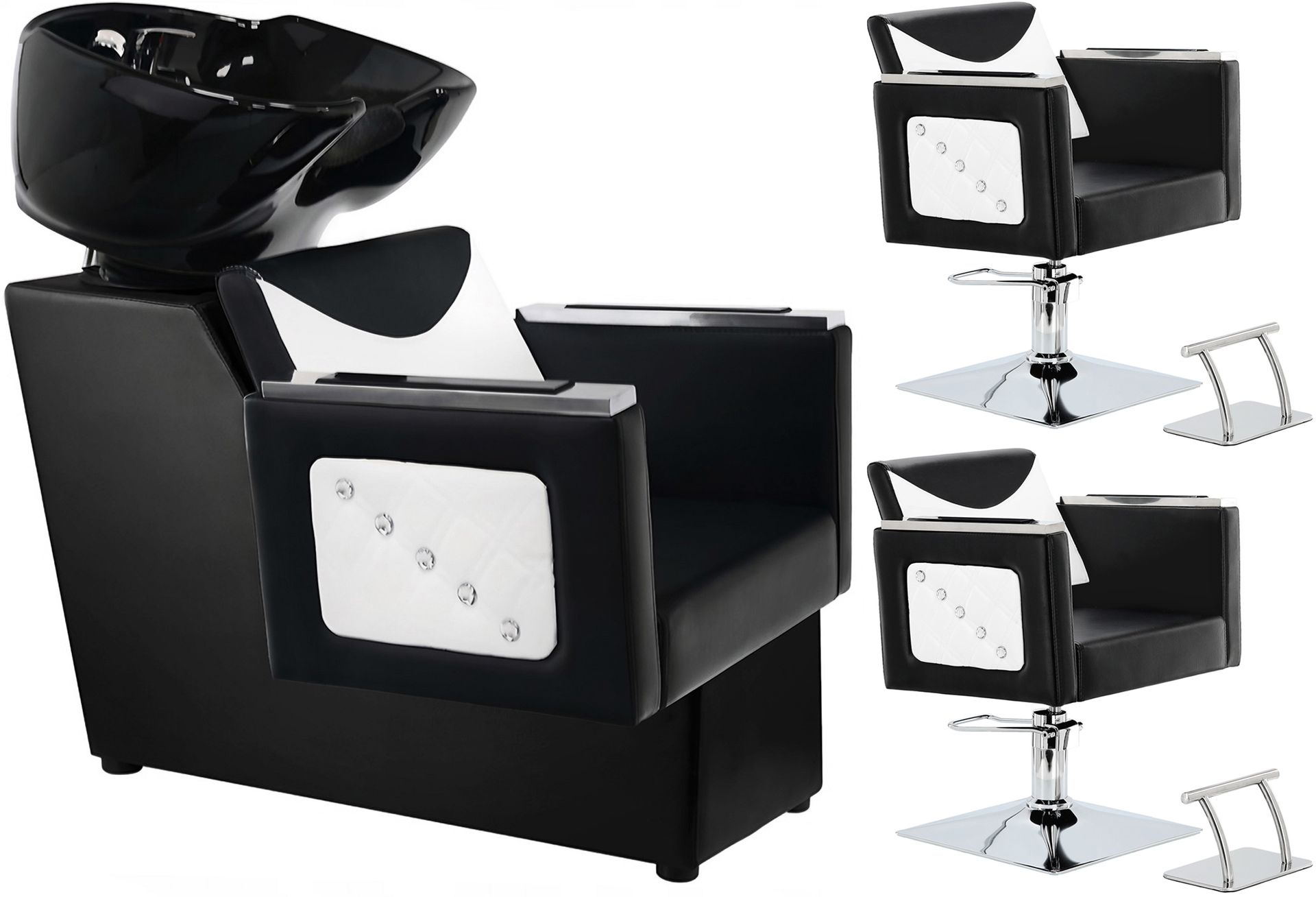 Eve black/white zestaw myjnia fryzjerska i 2 x fotel fryzjerski hydrauliczny obrotowy podnóżek do salonu fryzjerskiego myjka ruchoma misa ceramiczna armatura bateria słuchawka