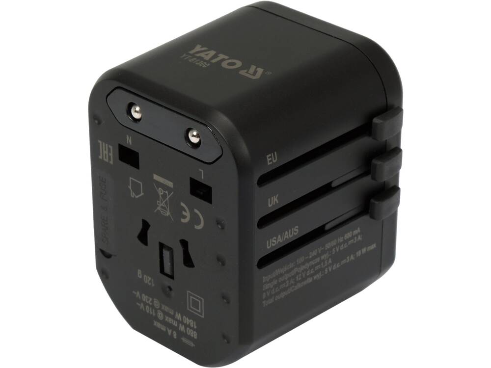 UNIWERSALNY ADAPTER PODRÓŻNY DO PONAD 150 KRAJÓW Z SZYBKĄ ŁADOWARKĄ USB Q.C. 3.0, PD USB-C, 5V/3A - 9V/2A - 12V/1.5A 18W
