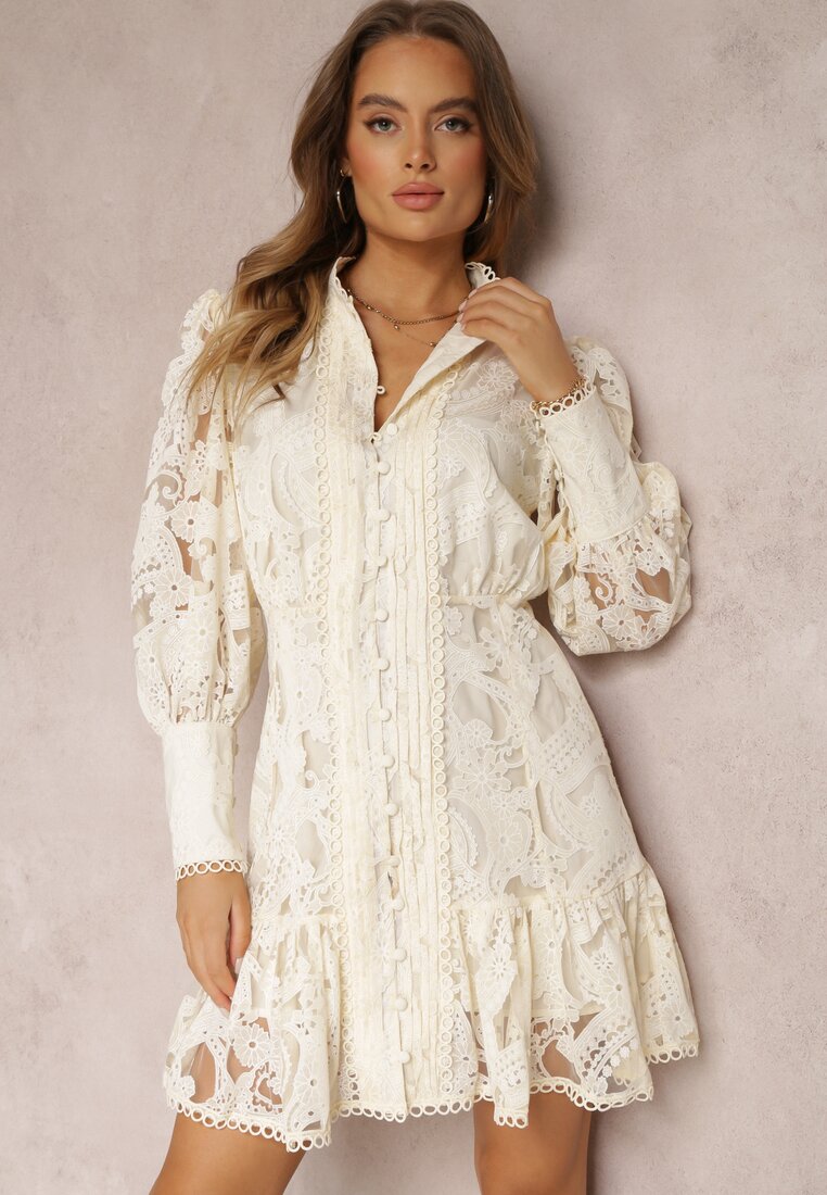 Beżowa Sukienka Koronkowa z Falbanką Hermamna