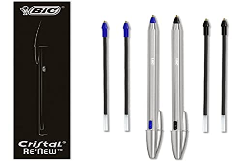 BIC Cristal Re'New Gift Box, metalowy długopis do wielokrotnego ładowania, kolor niebieski i czarny, 2 długopisy + 4 wkłady, długopisy na prezenty, szkoła i biuro