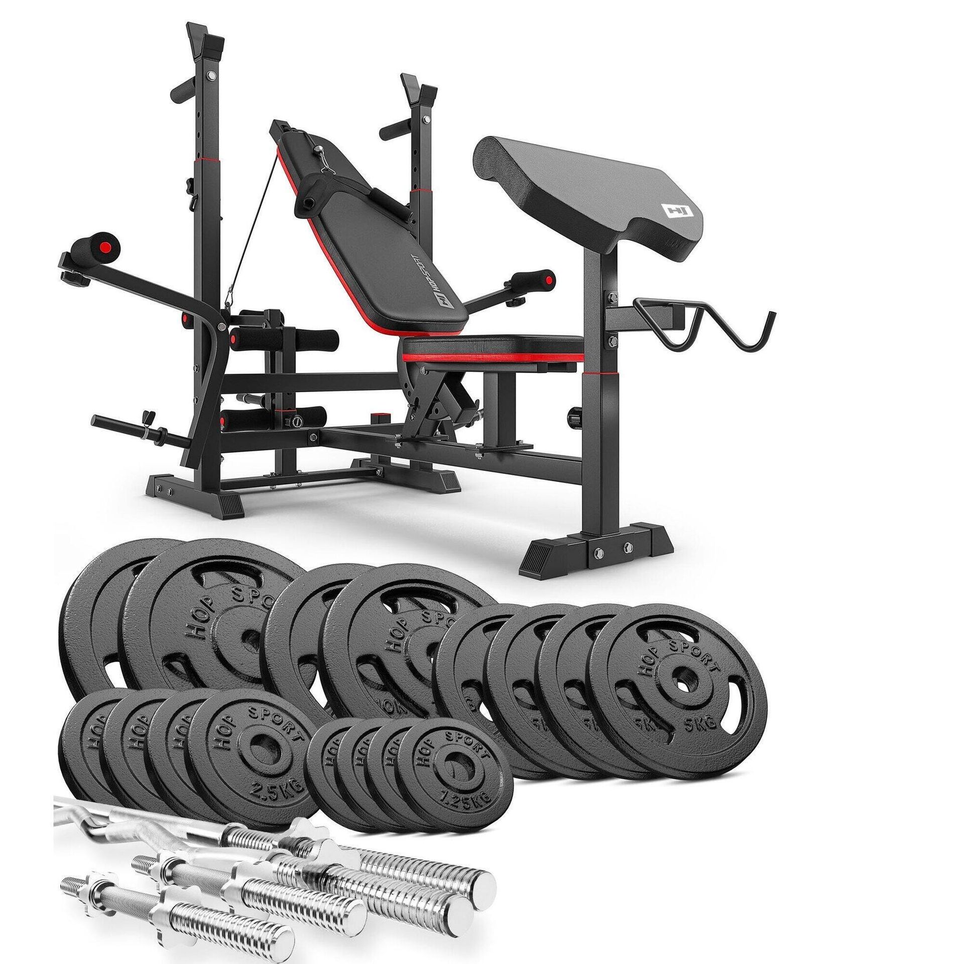Hop-Sport Zestaw strong 84 kg z ławką HS-1075 z wyciągiem i modlitewnikiem