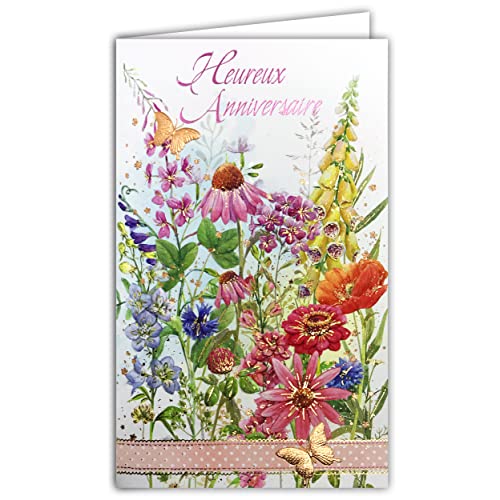 Afie 15-6465 ARGUS ilustrowana kartka reliefowa z białą kopertą 12 x 19,5 cm Happy Happy Woman Birthday Pink and Gold Gloss Wildflower Champage Papillons Wstążka w kropki tłoczenie Papier