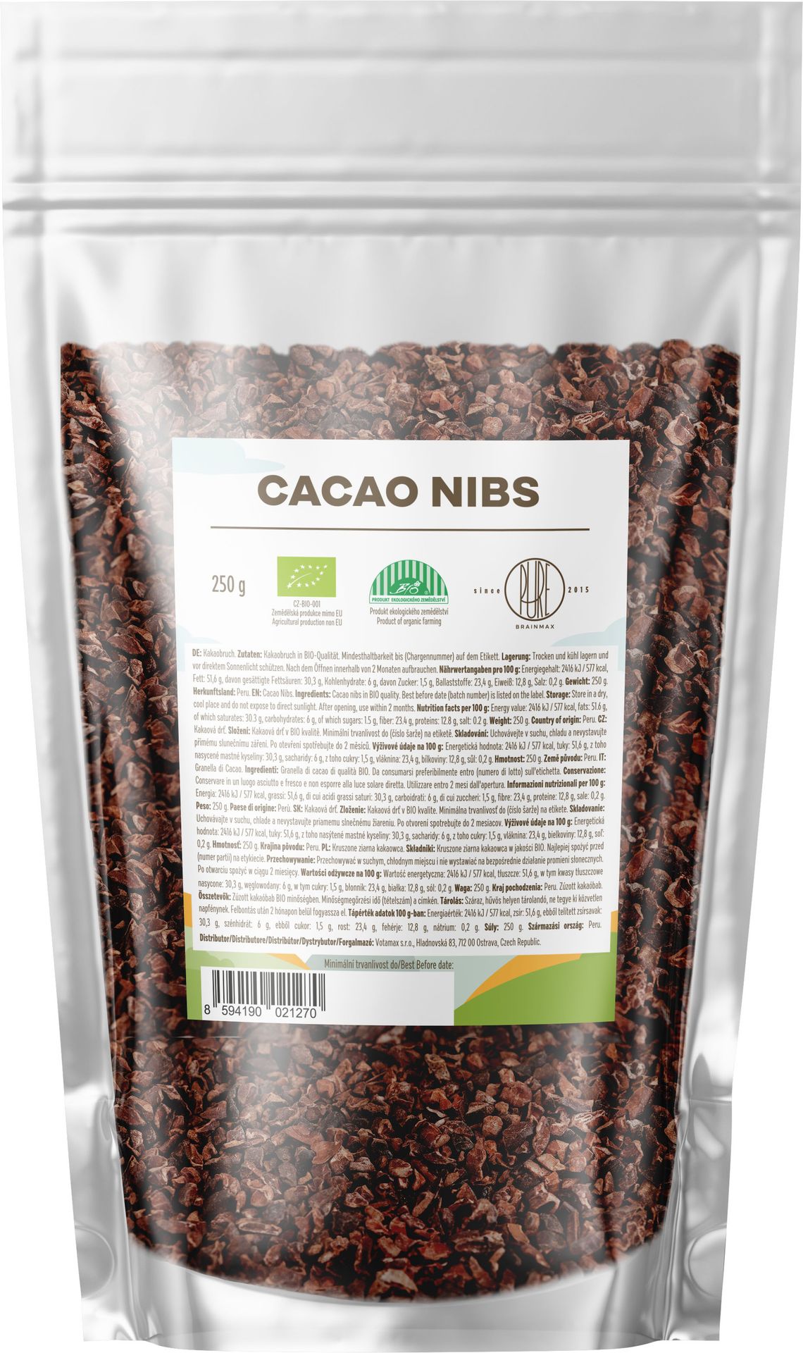 BrainMax Pure Kruszone Ziarna kakaowe, Nieprażone, RAW, BIO, 250 g