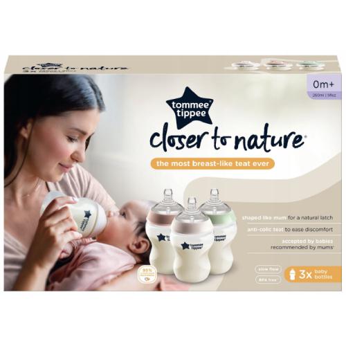 Tommee Tippee Closer to Nature butelki dla niemowląt, naturalnie ukształtowany smoczek z zaworem zapobiegającym kolce, 260 ml, zestaw 3 sztuk, wielokolorowy