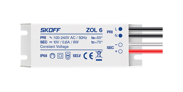Zasilacz napięciowy 10V typ ZOL6 do opraw LED 6W 10V DC 0,6A SKOFF