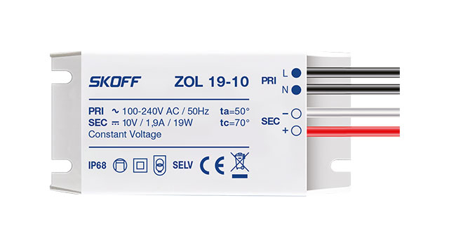 Zasilacz napięciowy 10V typ ZOL19-10 do opraw LED 19W 10V DC 1,9A SKOFF