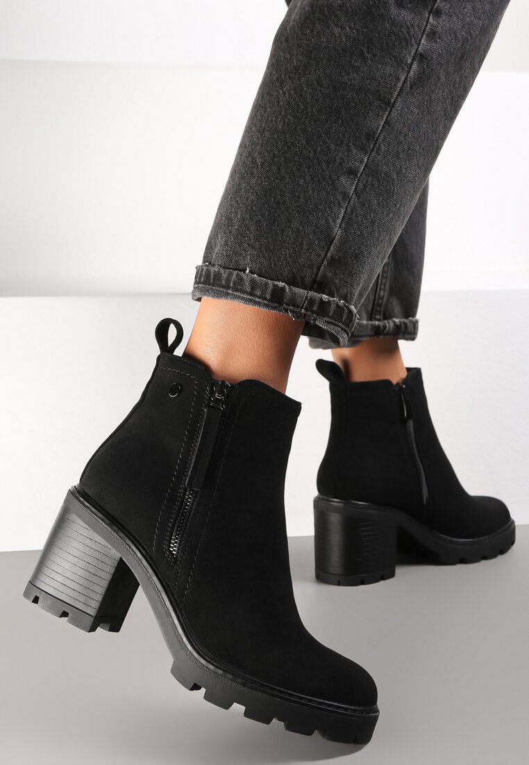 Czarne Botki na Słupku Boho z Suwakiem Kodra