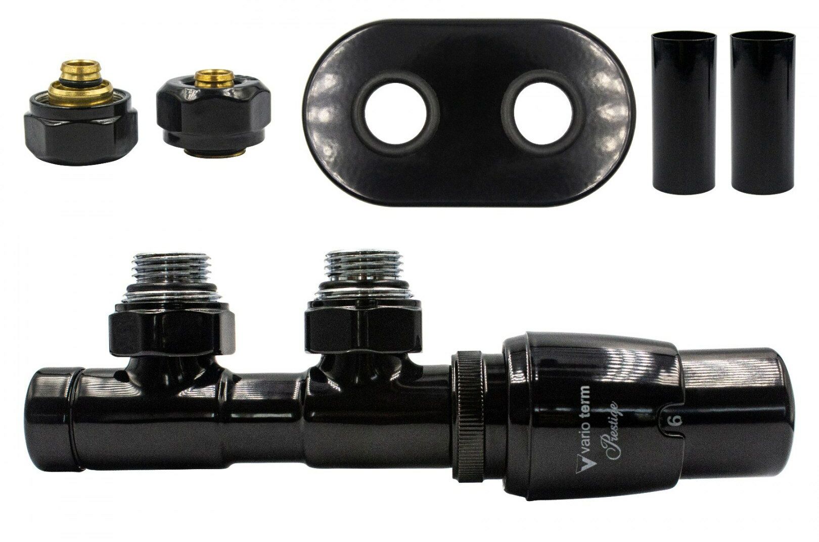 Zawór termostatyczny 50mm TWINS czarny błyszczący prawy Pex All in One