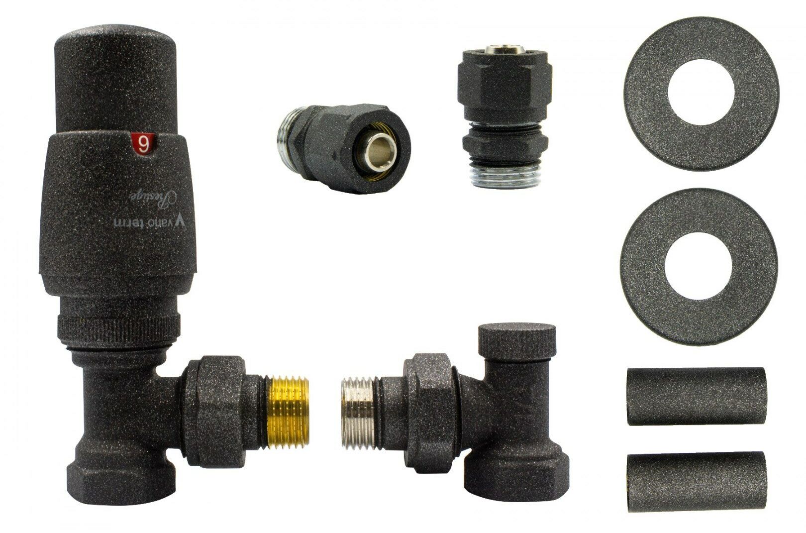 Zawór termostatyczny ELEGANT kątowy ciemny grafit strukturalny All in One Pex 16mm