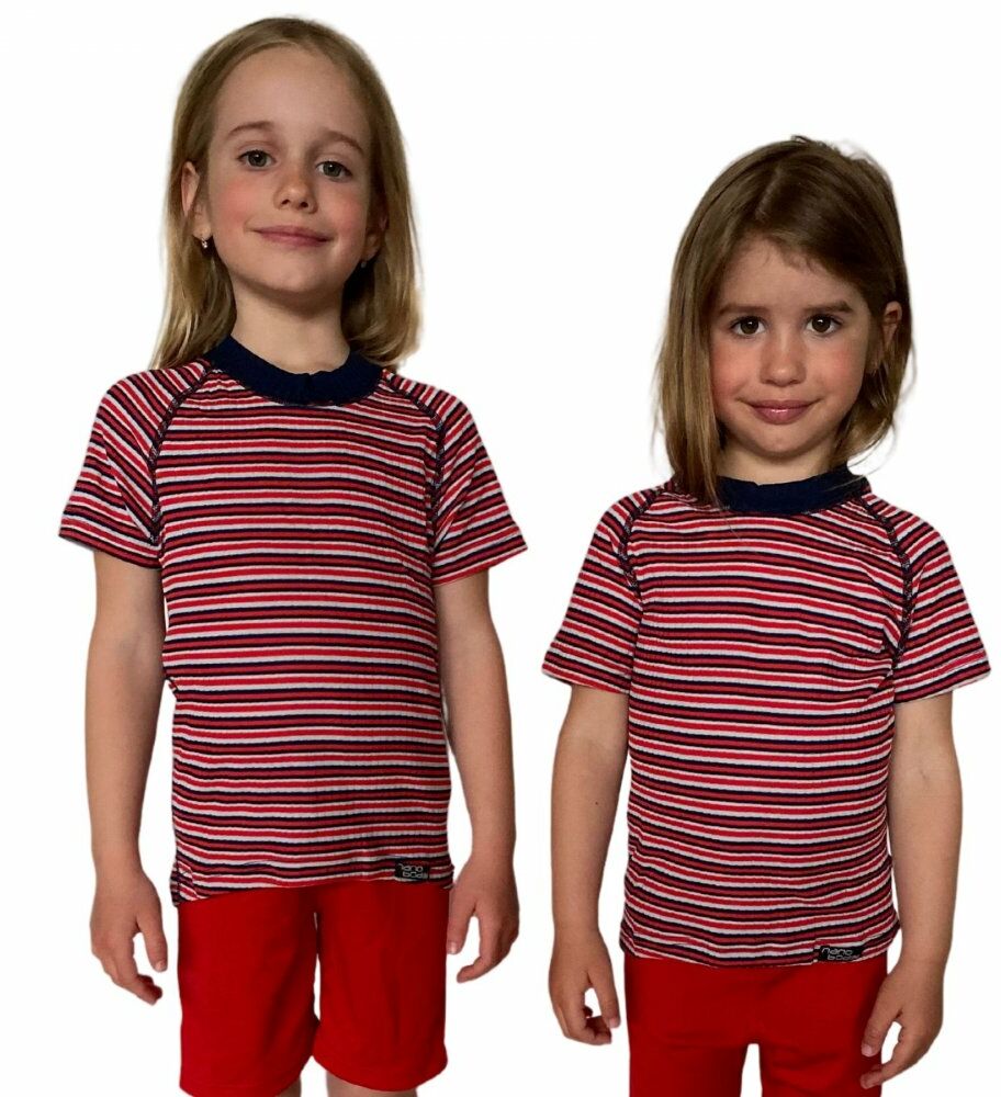 COOL kolorowy T-shirt dziecięca .140 .czerwono-czarno-białe paski