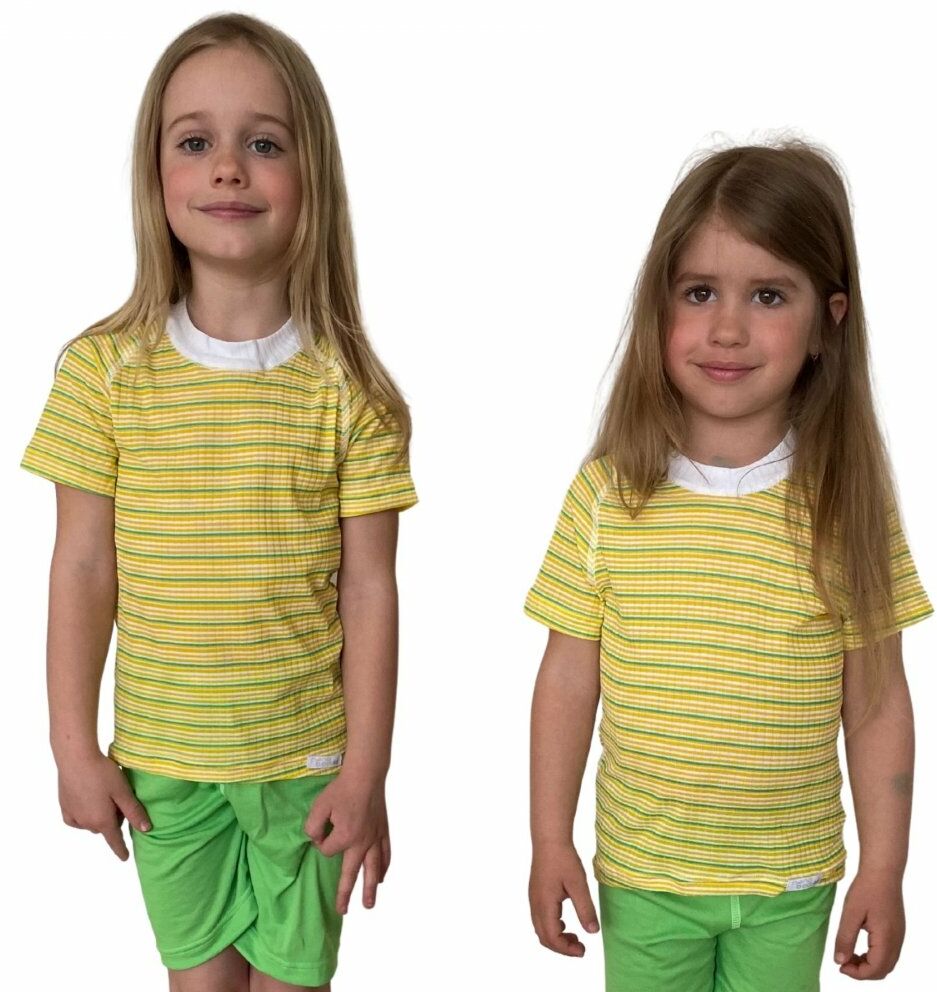 COOL kolorowy T-shirt dziecięca .150 .żółto-zielono-białe paski