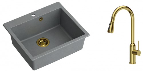Quadron Zlewozmywak granitowy jednokomorowy 57*50*22 cm MORGAN 110 SILVER STONE ze złotym odpływem z baterią JESSICA Q LINE z wyciąganą wylewką i funkcją prysznica kolor złoty