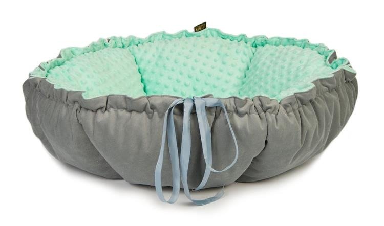 LAUREN DESIGN Legowisko VELVET DAISY szary velvet + mięta minky 65cm
