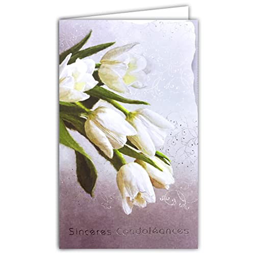 Afie 14-625 ARGUS ilustrowana karta z białą kopertą 12 x 19,5 cm Szczere Kontrolacje Srebro Wytłaczany papier wycinany bukiet kwiatów białych tulipanów Czystość Świecka Ceremonia pożegnalna
