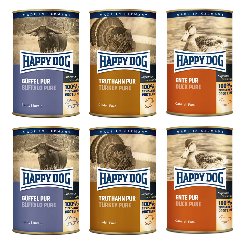 Happy Dog Sensible Pure, 6 x 400 g - Pakiet mieszany (indyk, bawół, kaczka)